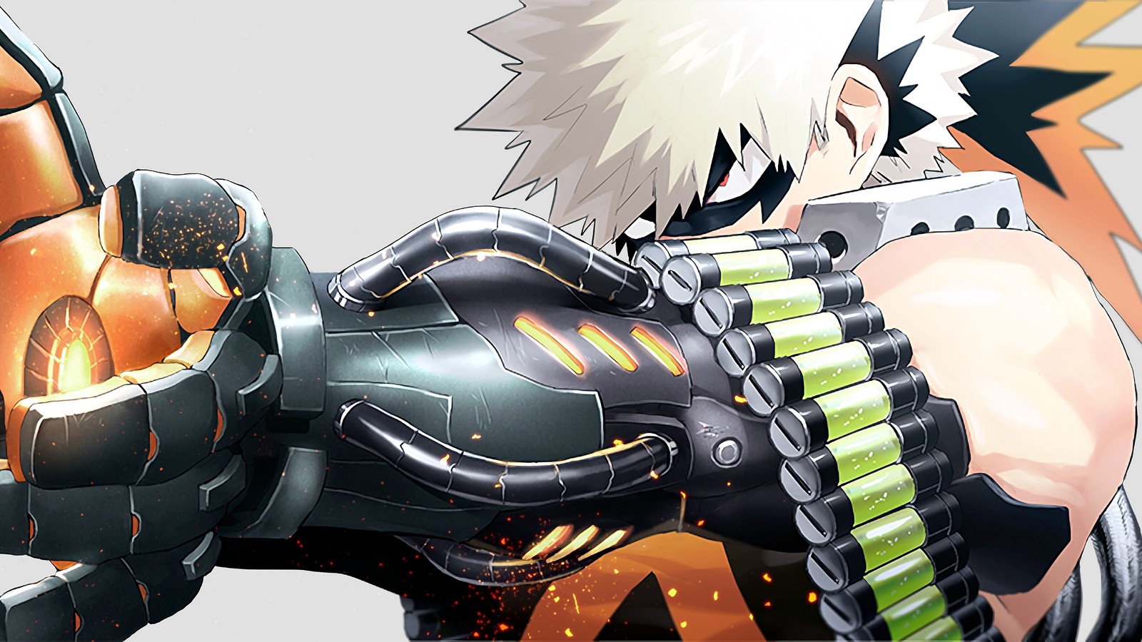 Personnage d'anime avec une arme à la main et un feu en arrière-plan (katsuki bakugo, kacchan, boku no hero academia, my hero academia, anime)