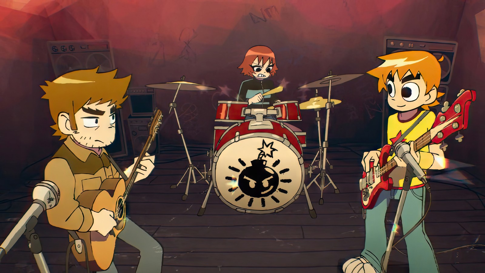 Eine gruppe von cartoon-charakteren spielt musik in einem raum (scott pilgrim startet durch, scott pilgrim takes off, fernsehserie, netflix, anime)