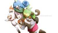 Treinador aventureiro com Grookey, Sobble e Scorbunny de Pokémon Espada e Escudo