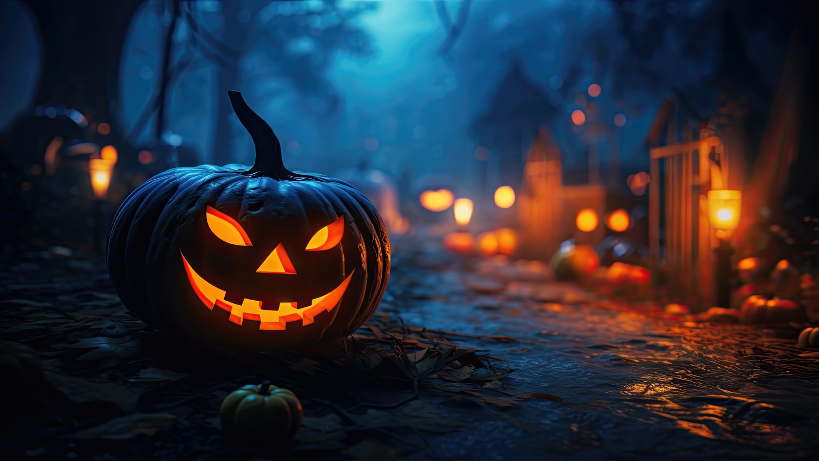 A halloween pumpkin sitting on the ground in front of a cemetery (halloween, holiday, pumpkin, digital art)