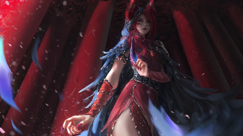 Женщина в красном платье с мечом и красным плащом (сая, xayah, lol, league of legends, видеоигра)