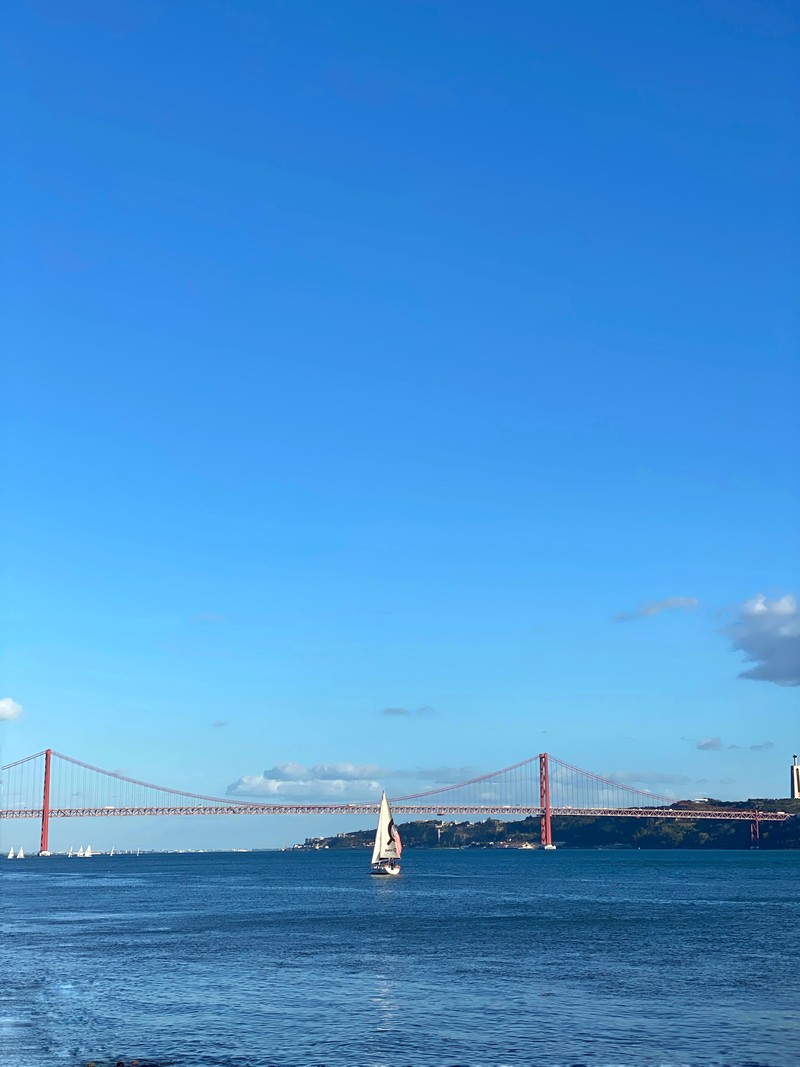 Арабская парусная лодка на воде рядом с мостом и водоемом (море, подвесной мост, мост, вантовый мост, водное судно)