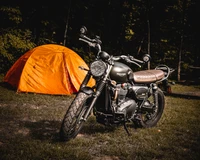 Klassisches Triumph-Motorrad auf einem Campingplatz mit lebendigem Zelt