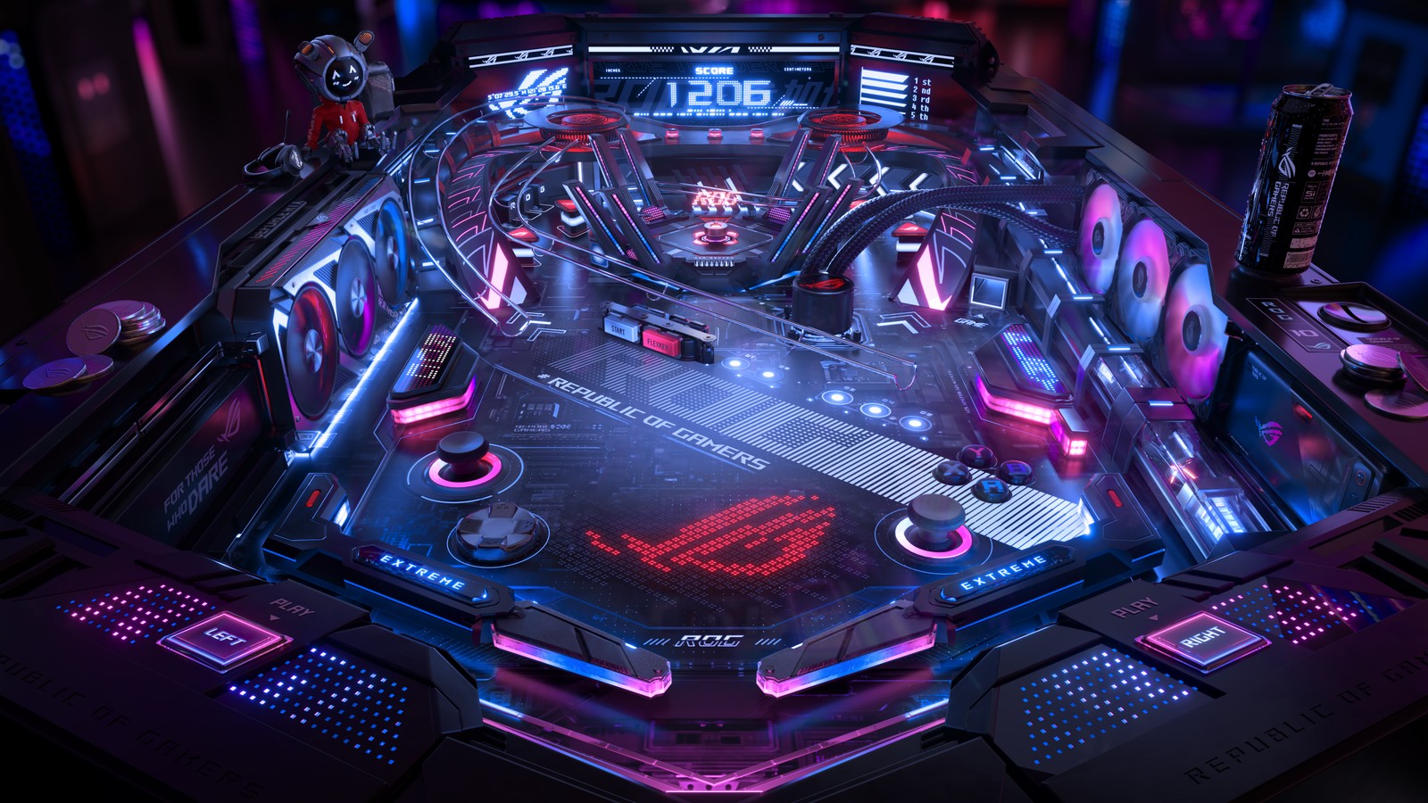 A close up of a pinball game with a lot of lights (asus rog, pinball, futuristic, neon, cyberpunk)