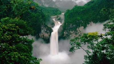 Majestic Waterfall Cascading Through Lush Forest Scenery