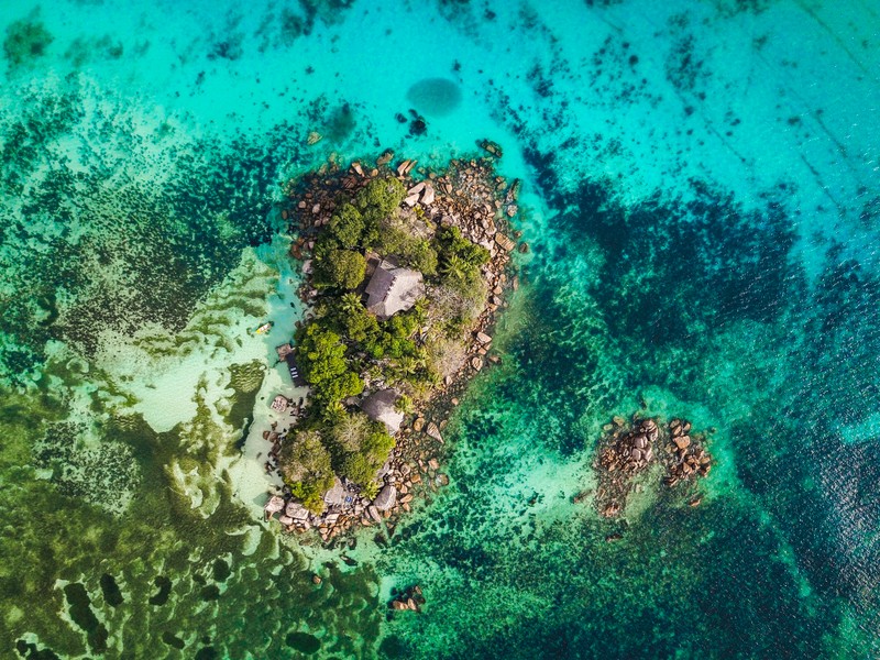 Аэросъемка маленького острова, окруженного голубой водой (пляж, praslin, сейшельские острова, морской пейзаж, вид с воздуха)