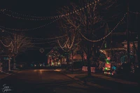 Une rue magnifiquement décorée, illuminée par des lumières de Noël vibrantes, avec des guirlandes suspendues aux branches et des ornements festifs ornant les bâtiments, créant une ambiance magique de vacances.