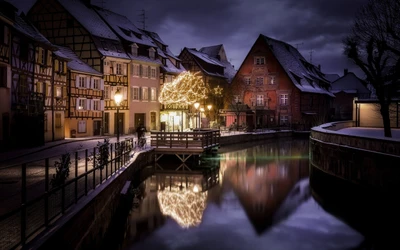 Reflexiones encantadoras de la tarde: Un canal cubierto de nieve en un encantador pueblo en el día de Navidad