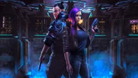 Cyberpunk 2077 V und weibliches Cosplay in futuristischer Umgebung