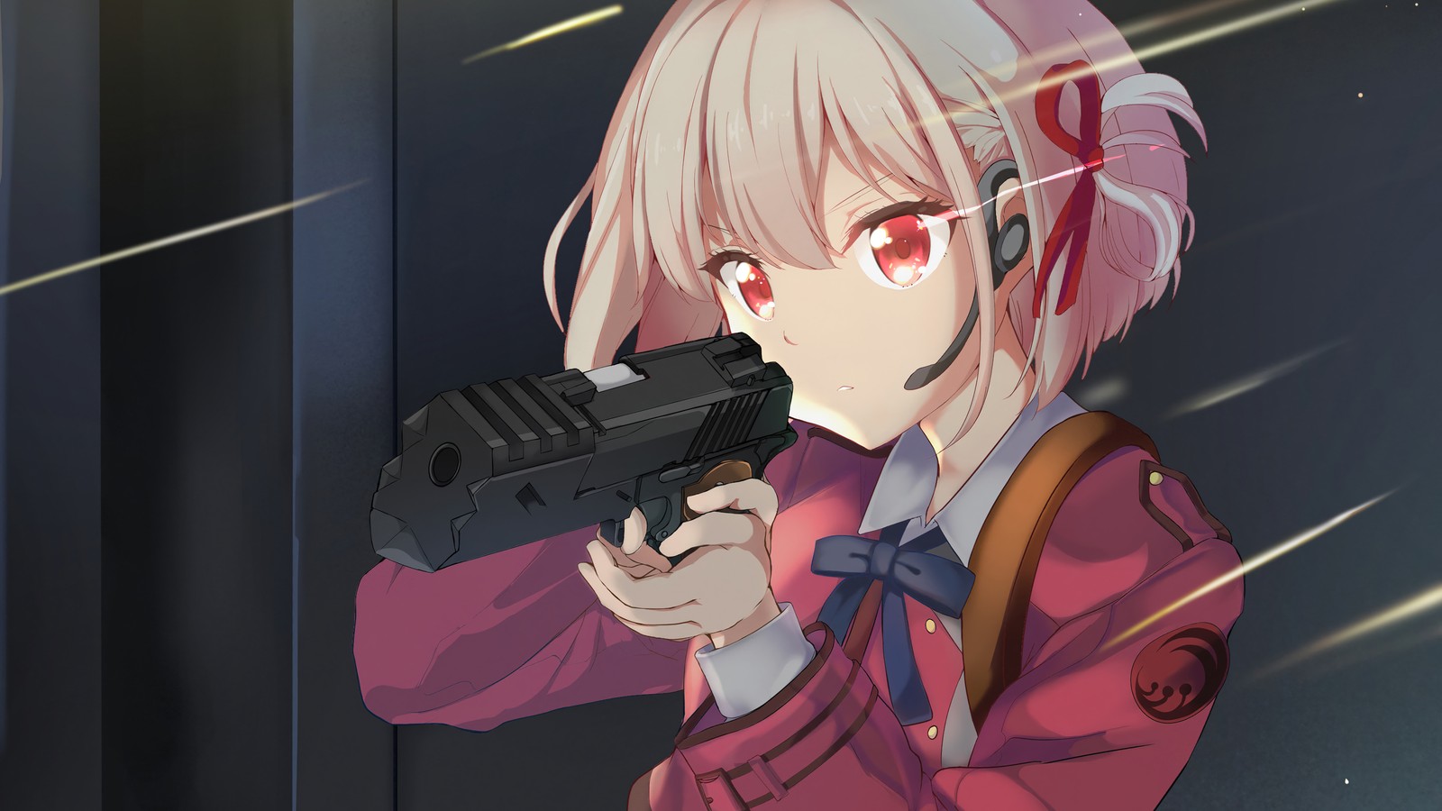 Anime, una chica con un arma en la mano, sosteniendo un arma (chisato nishikigi, lycoris recoil, anime)