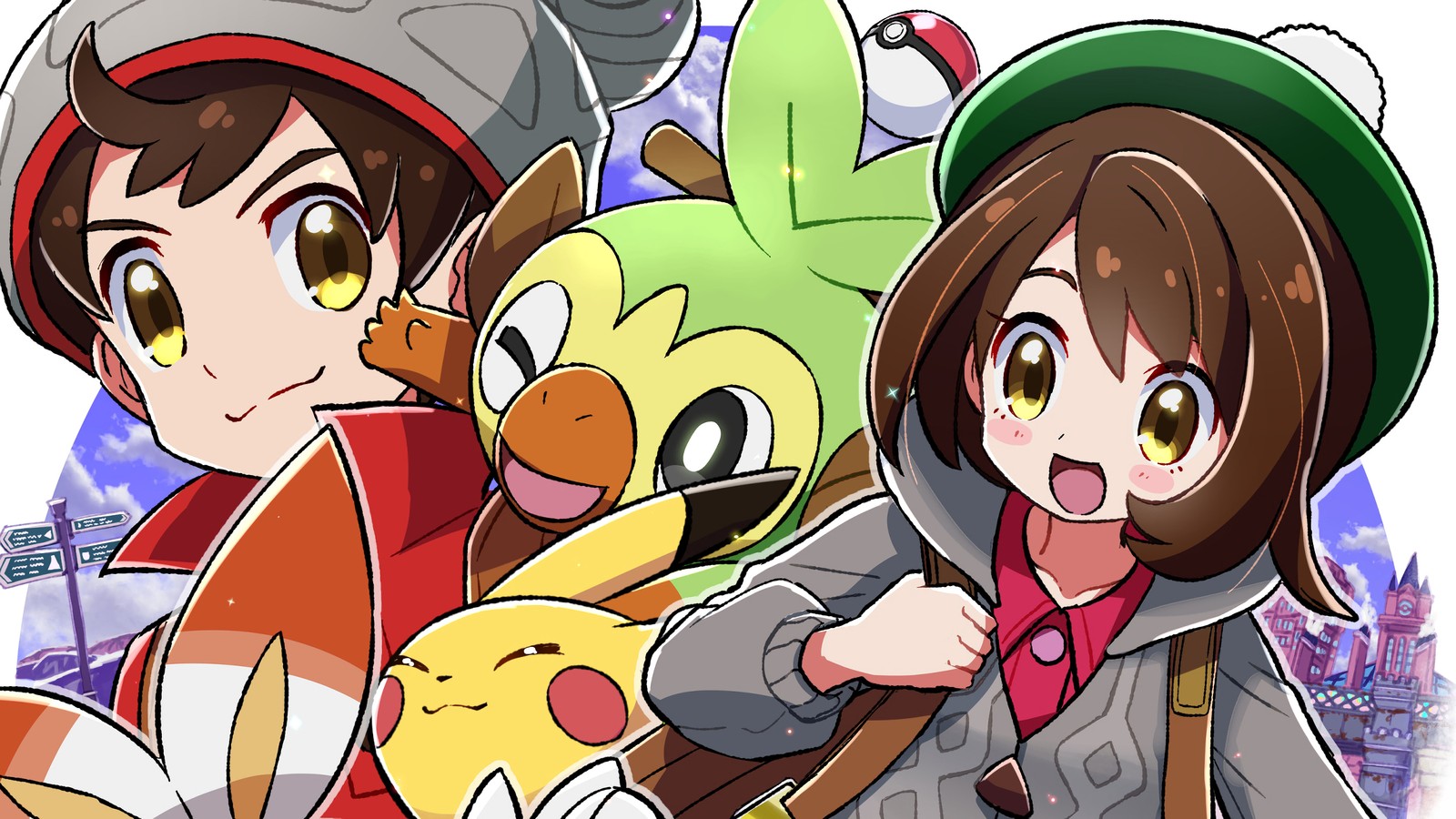 Pokemon characters with their faces drawn in different colors (pokemon sword and shield, video game, pokemon, pokemon trainer, pikachu)