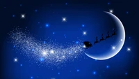 Santa Claus and his reindeer silhouetted against a starry night sky and crescent moon, spreading holiday magic.