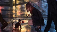 Fille d'anime sous la pluie avec un chat et une rose