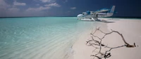 Seaplane an einem unberührten karibischen Strand mit türkisfarbenem Wasser und einer ruhigen Lagune.