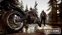 A rugged motorcycle parked in a wilderness setting, with a lone figure standing in the background amidst tall trees, embodying the spirit of survival in a post-apocalyptic world.