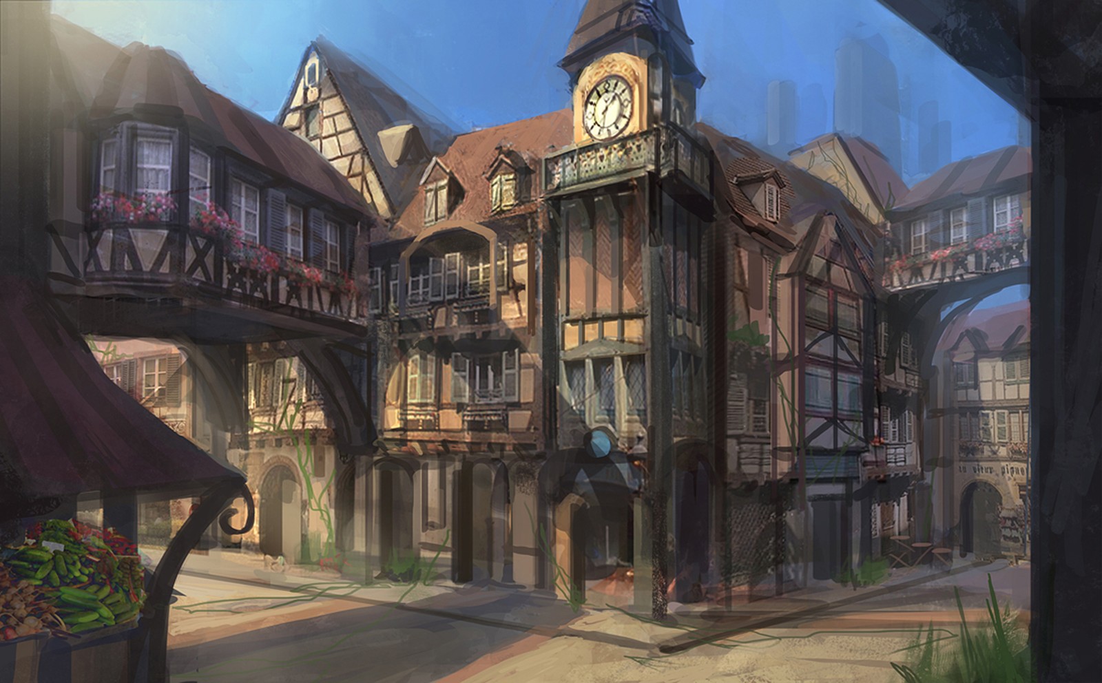 There is a clock tower in the middle of a town (fantasy, medieval architecture, building, facade, pc game)