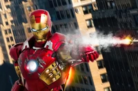 Iron Man lanzándose a la acción en medio del horizonte urbano – Arte CGI 4K