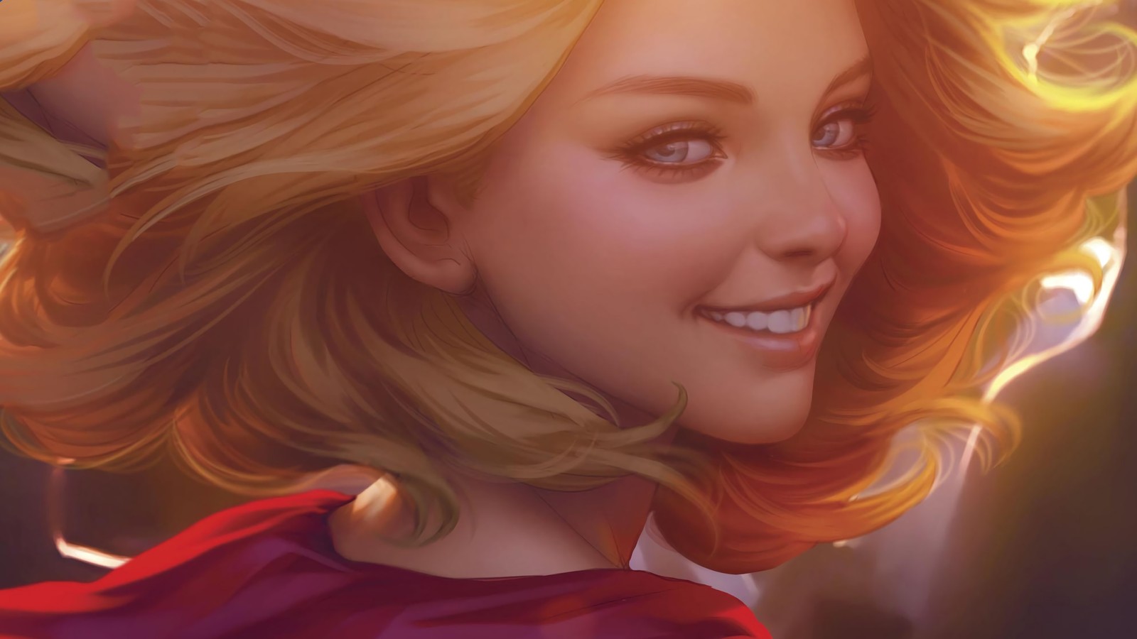 Un gros plan d'une femme aux cheveux blonds et à la cape rouge (supergirl, dc comics, cheveux, visage, blond)