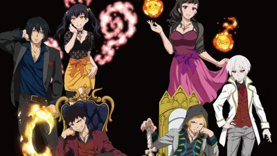 Personnages de Fire Force : Shinra, Arthur, Maki, Benimaru, Tamaki et Sho dans des poses dynamiques avec des flammes élémentaires.