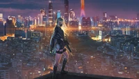 Fille d'anime avec un fusil surplombant une ville la nuit