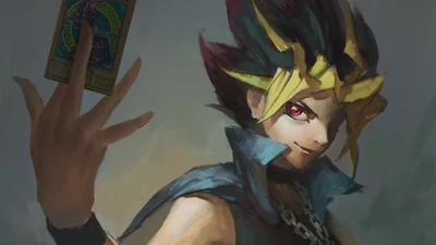 Portrait dynamique de Yami Yugi, le personnage emblématique de l'anime Yu-Gi-Oh!, tenant une carte avec confiance, avec une coiffure frappante et edgy et un regard intense.