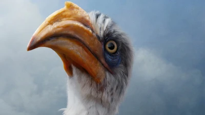 Zazu, o sábio hornbill de "O Rei Leão", exibe suas características distintas contra um fundo nublado.