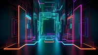 Couloir futuriste avec des lumières néon et des graphiques colorés