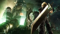 Cloud Strife devant le siège de Shinra dans Final Fantasy VII Remake