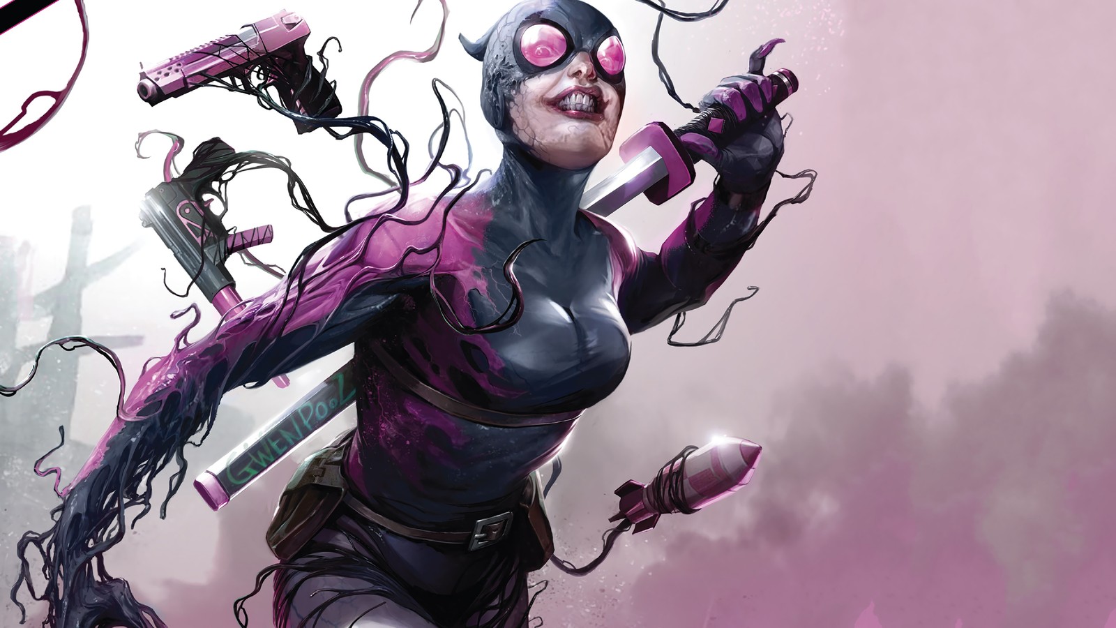 Un gros plan d'une femme avec une épée sur un fond rose (gwenpool, symbiote, marvel comics, bandes dessinées)