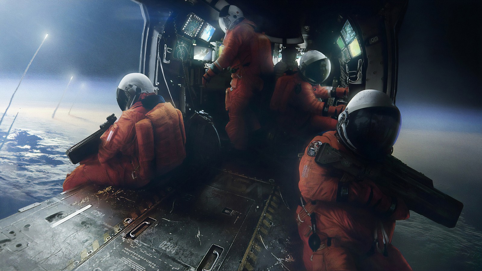 Astronauts in red suits are in a space station with a view of the earth (sci fi, astronaut, soldier, space)