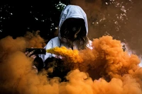 person in mask, girl, orange smoke, hoodie, anonymous