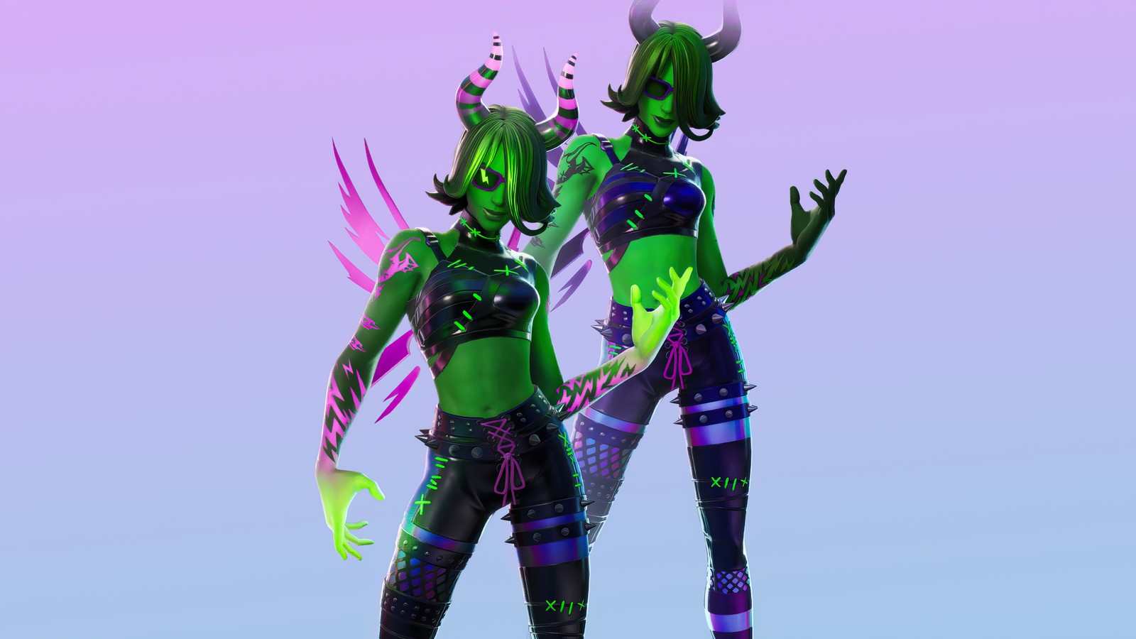 Two women dressed in green and purple are standing next to each other (fortnite, fortnite battle royale, video game, ravina, skin)