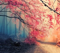 Serene Autumn Forest with Pink Leaves and Soft Mist