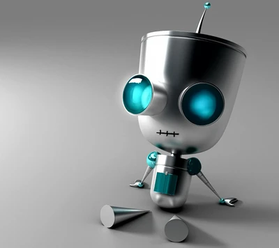 Mignon robot métallique avec des yeux surdimensionnés et un comportement espiègle, assis sur une surface lisse.