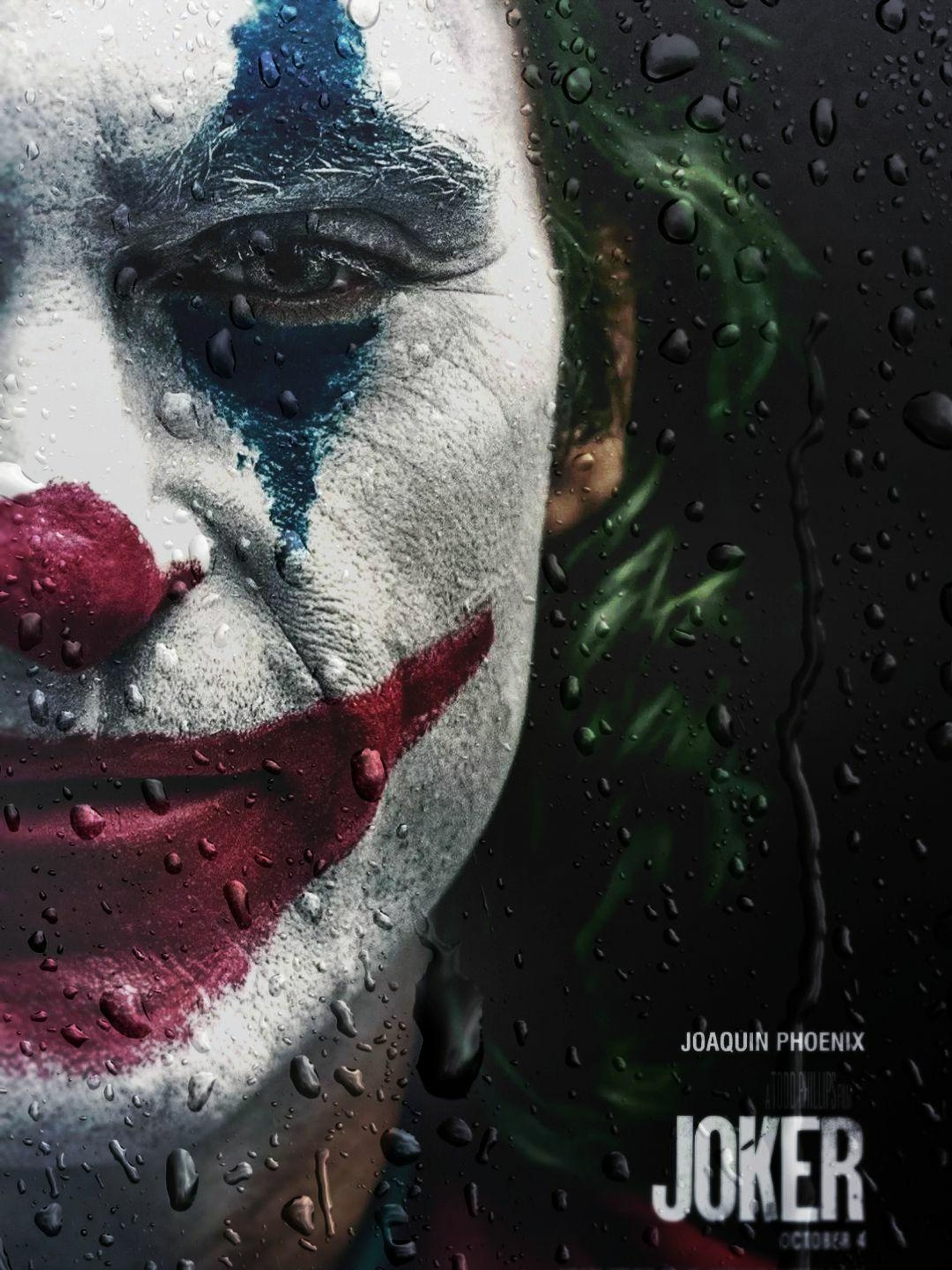 Cartel de la película joker con un primer plano de la cara de un payaso (dccu, joaquín phoenix, joaquinphoenix, joker, joker 2019)