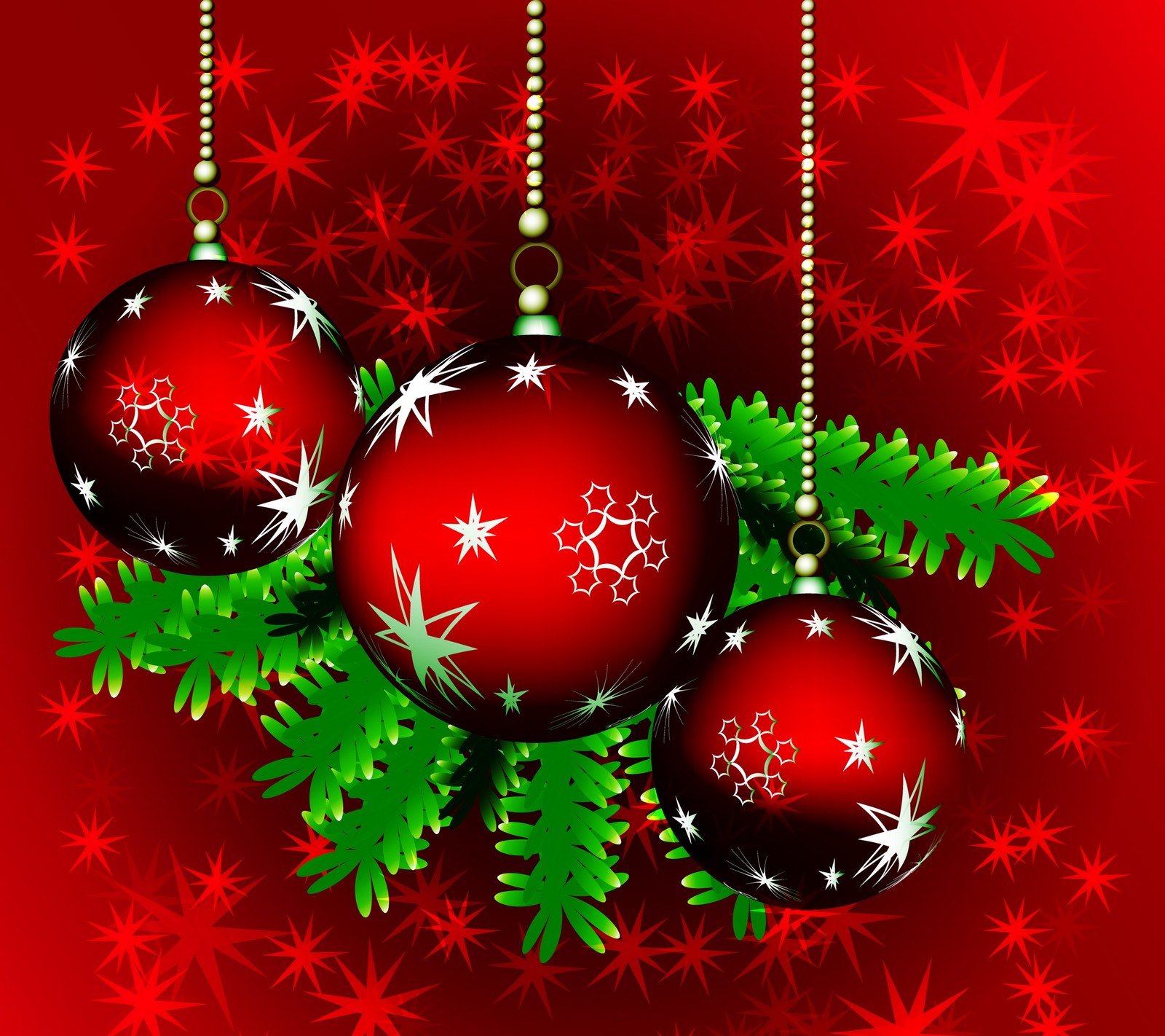 Christmas balls and snowflakes on a red background with green leaves (abstract red, background, balls, christmas)