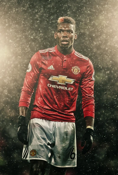 Paul Pogba com o uniforme do Manchester United, demonstrando determinação em um cenário nevado.