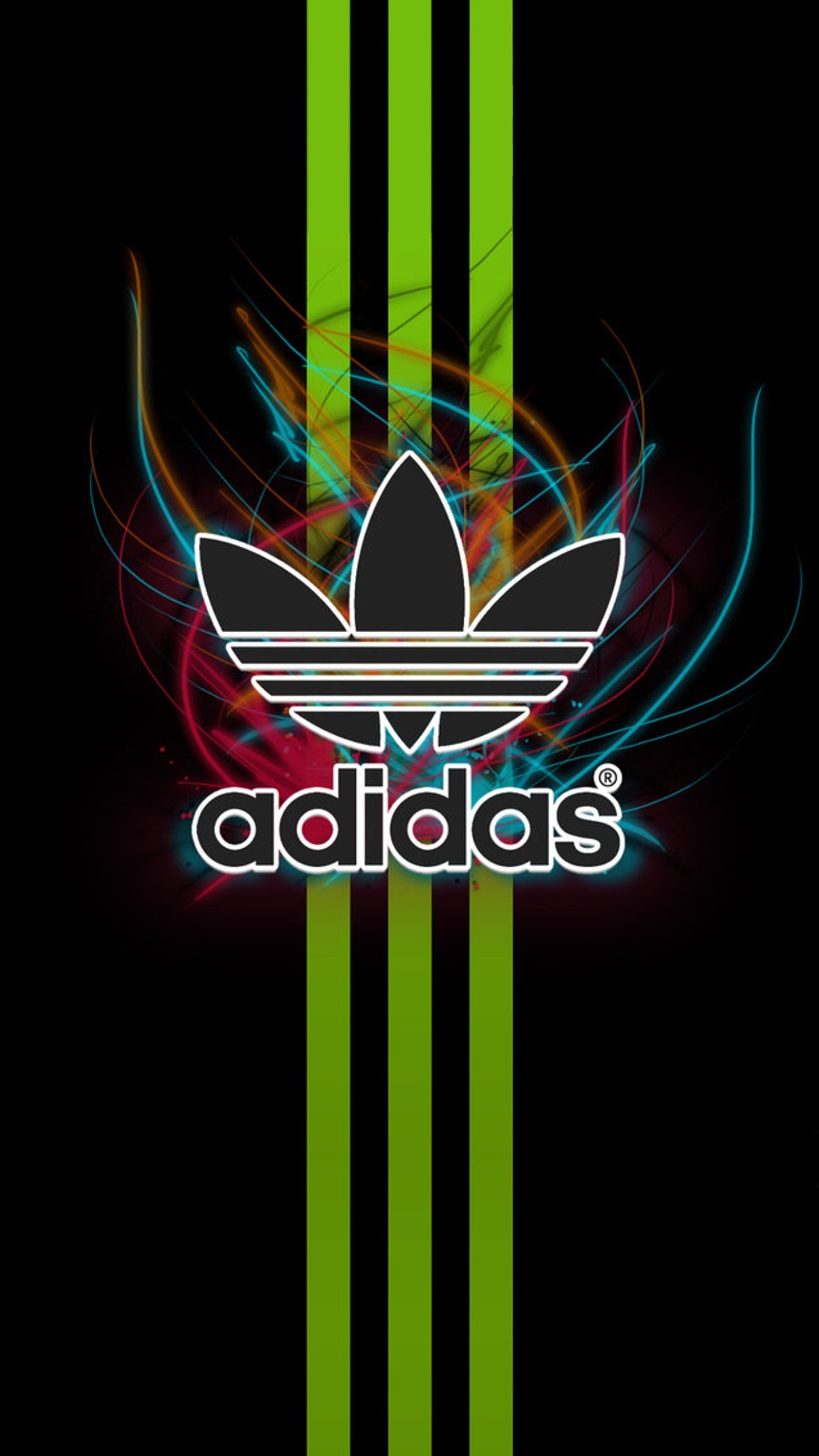 Logo de adidas sobre un fondo negro con rayas de neón (marca, logos)