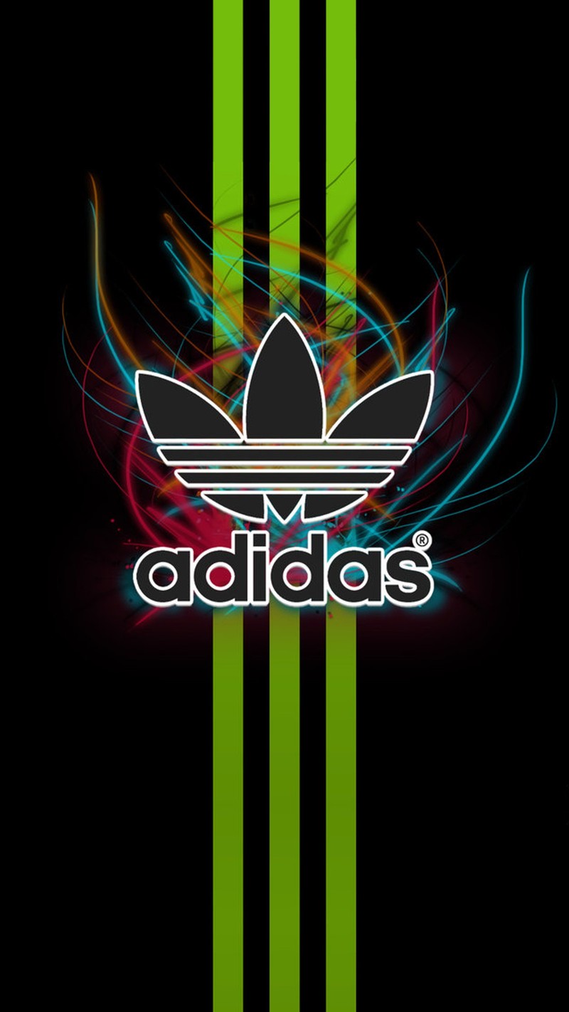 Логотип adidas на черном фоне с неоновыми полосами (бренд, логотипы, марка)