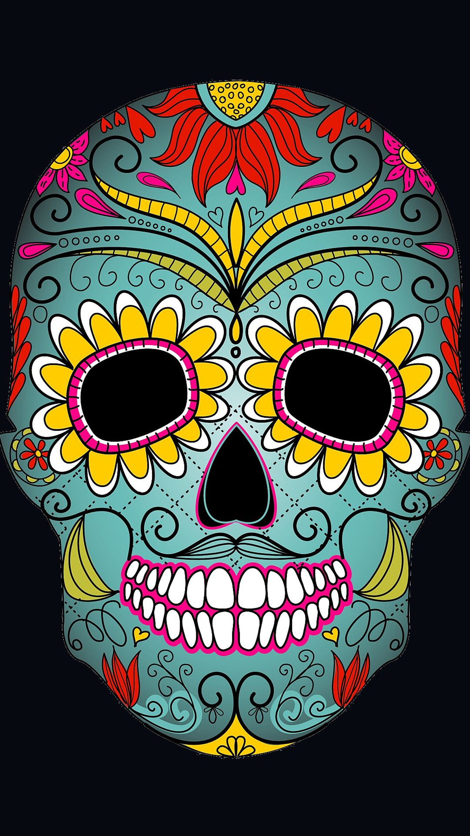 Un primer plano de un cráneo colorido sobre un fondo negro (día de los muertos, calavera)