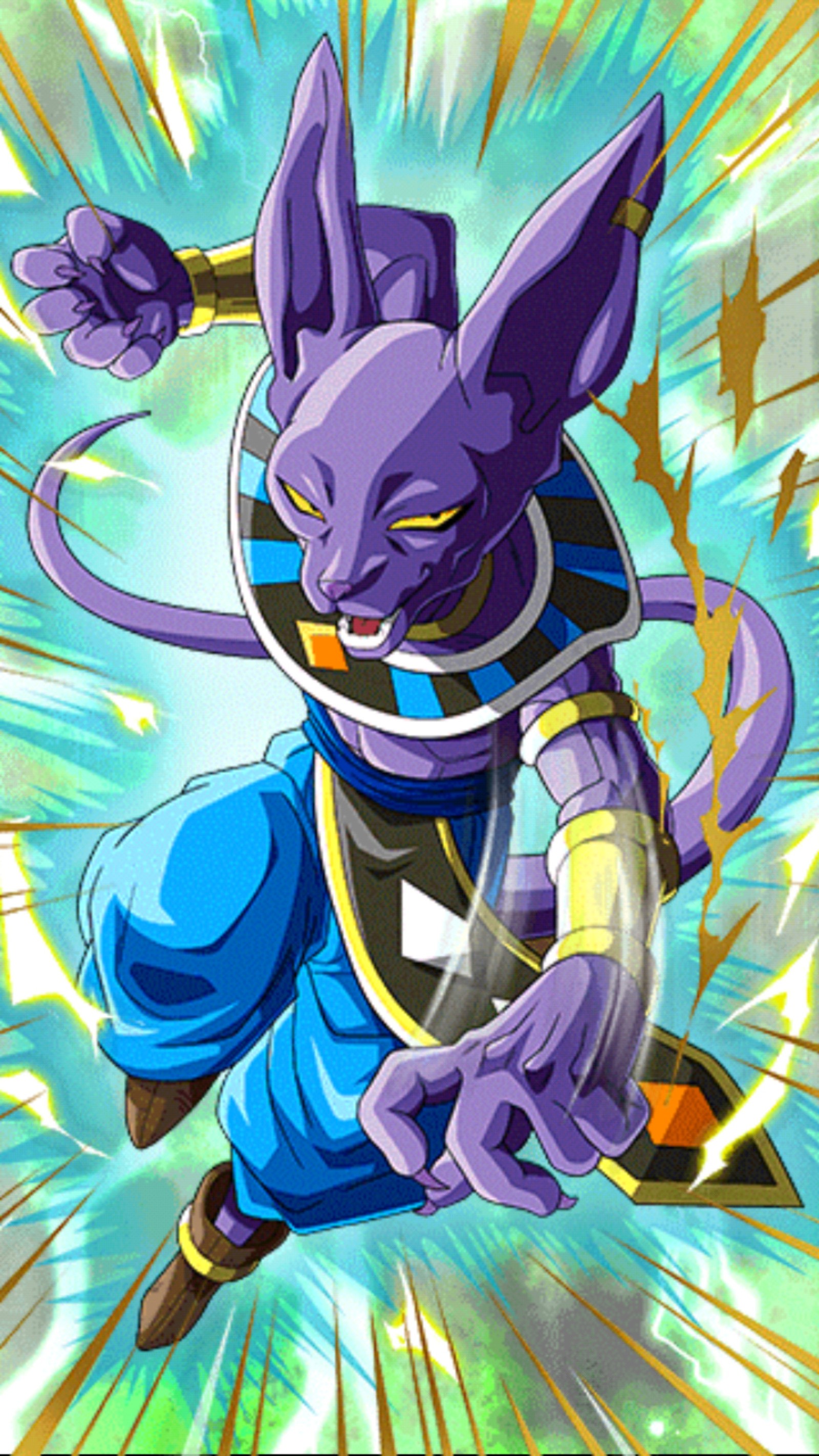 A close up of a cartoon character with a blue outfit (anime, beerus, dragon ball, fighting)