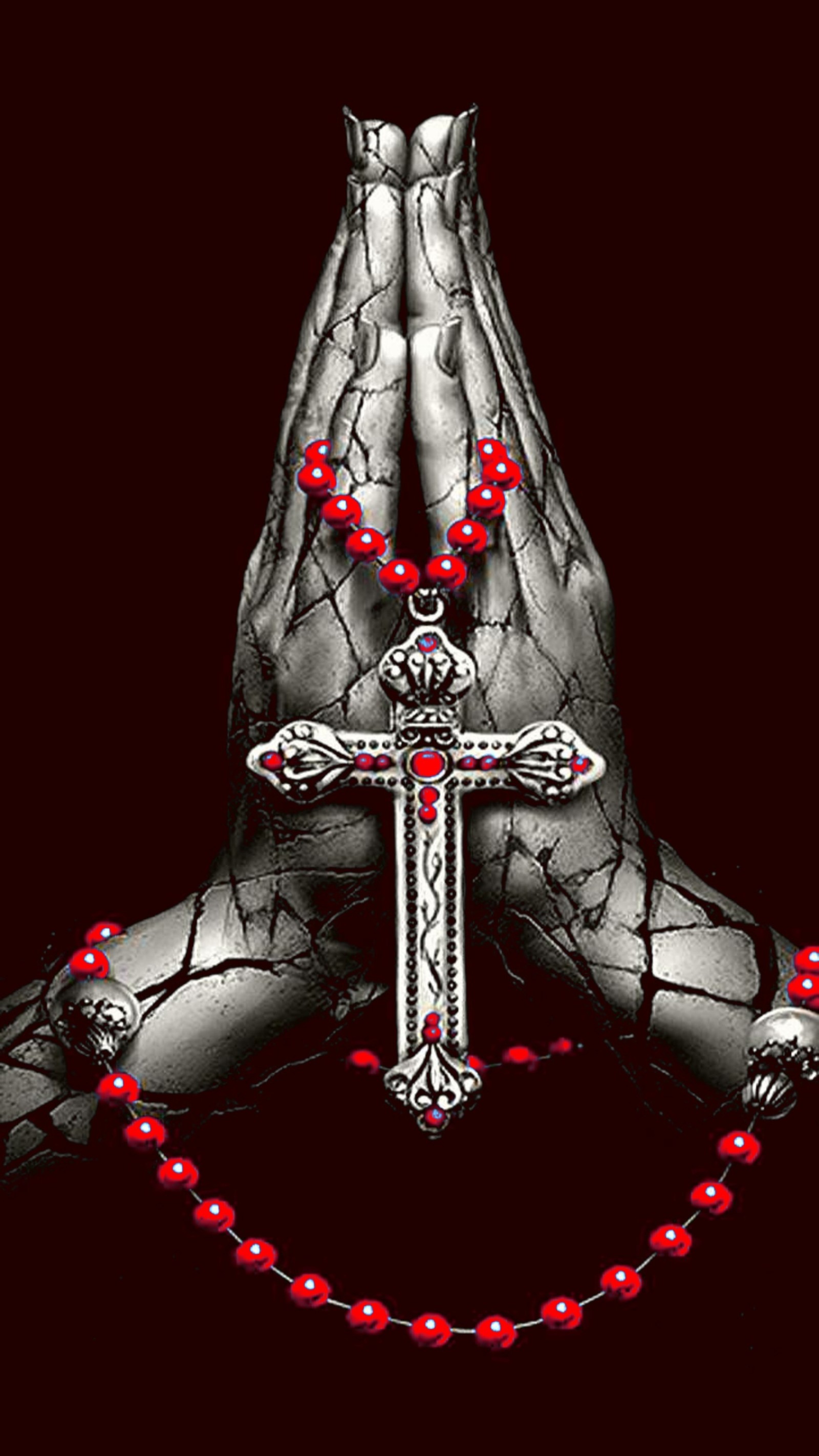 Rosary and cross on hands with red beads on black background (2pac, blood, god, hd, jesus)