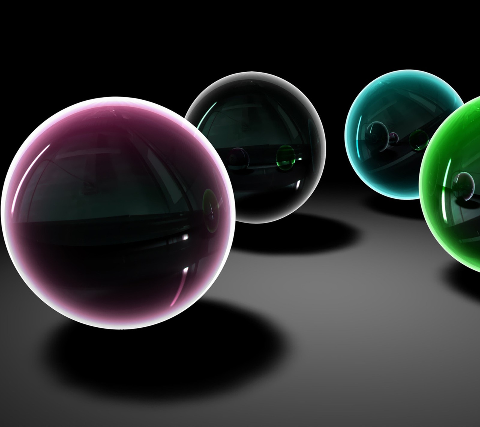 A close up of a group of glass balls on a black surface (3d, abstract, glass, spheres)