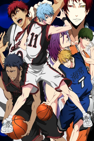 Affrontement dynamique de basketball mettant en vedette Kuroko Tetsuya et la Génération des Miracles.