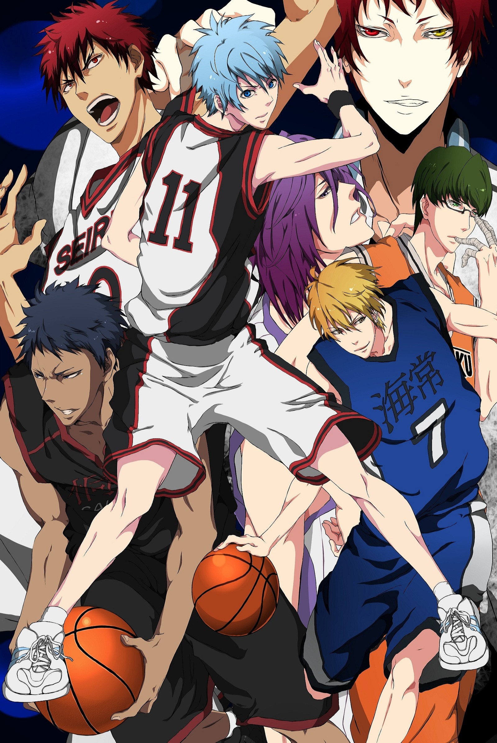 Um grupo de personagens de anime com uniformes de basquete e uma bola de basquete (kuroko, kuroko no basket, kuroko tetsuya)