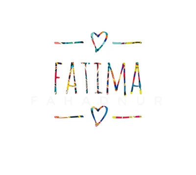 Arte tipográfica colorida com o nome "Fatima" e corações decorativos, em um fundo minimalista.