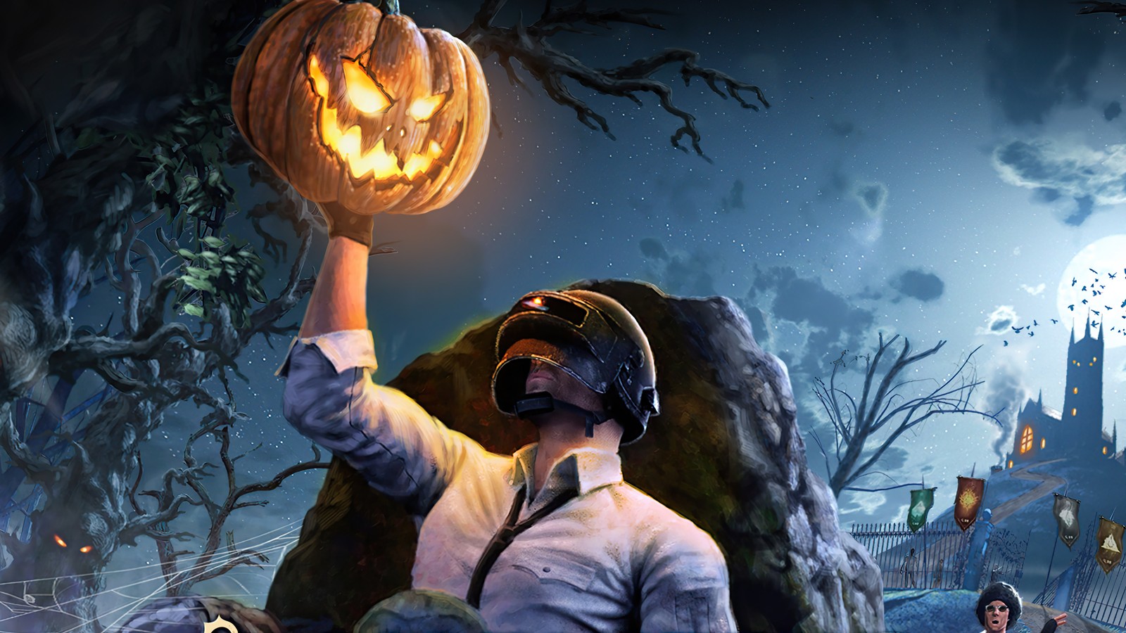 Uma imagem de um homem segurando uma abóbora em frente a um castelo (pubg mobile, playerunknowns battlegrounds, jogo de vídeo, halloween, abóbora)