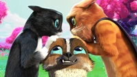 Puss in Boots: The Last Wish - Puss, Kitty Softpaws, and Perrito Bonding in a Colorful Landscape