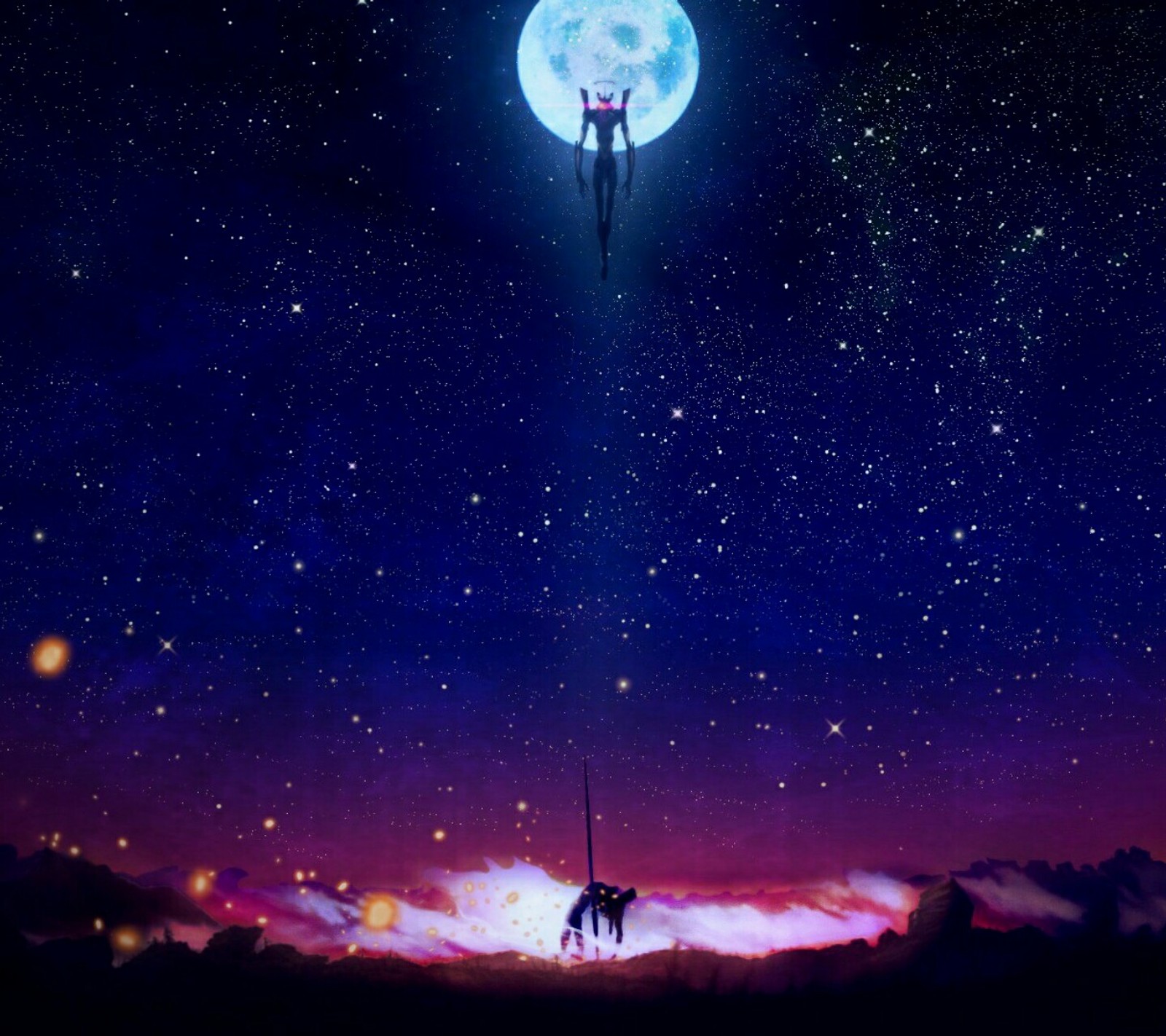 Une photo prise d'un écran d'ordinateur d'une personne volant dans le ciel (anime, épique, evangelion, ciel, étoiles)