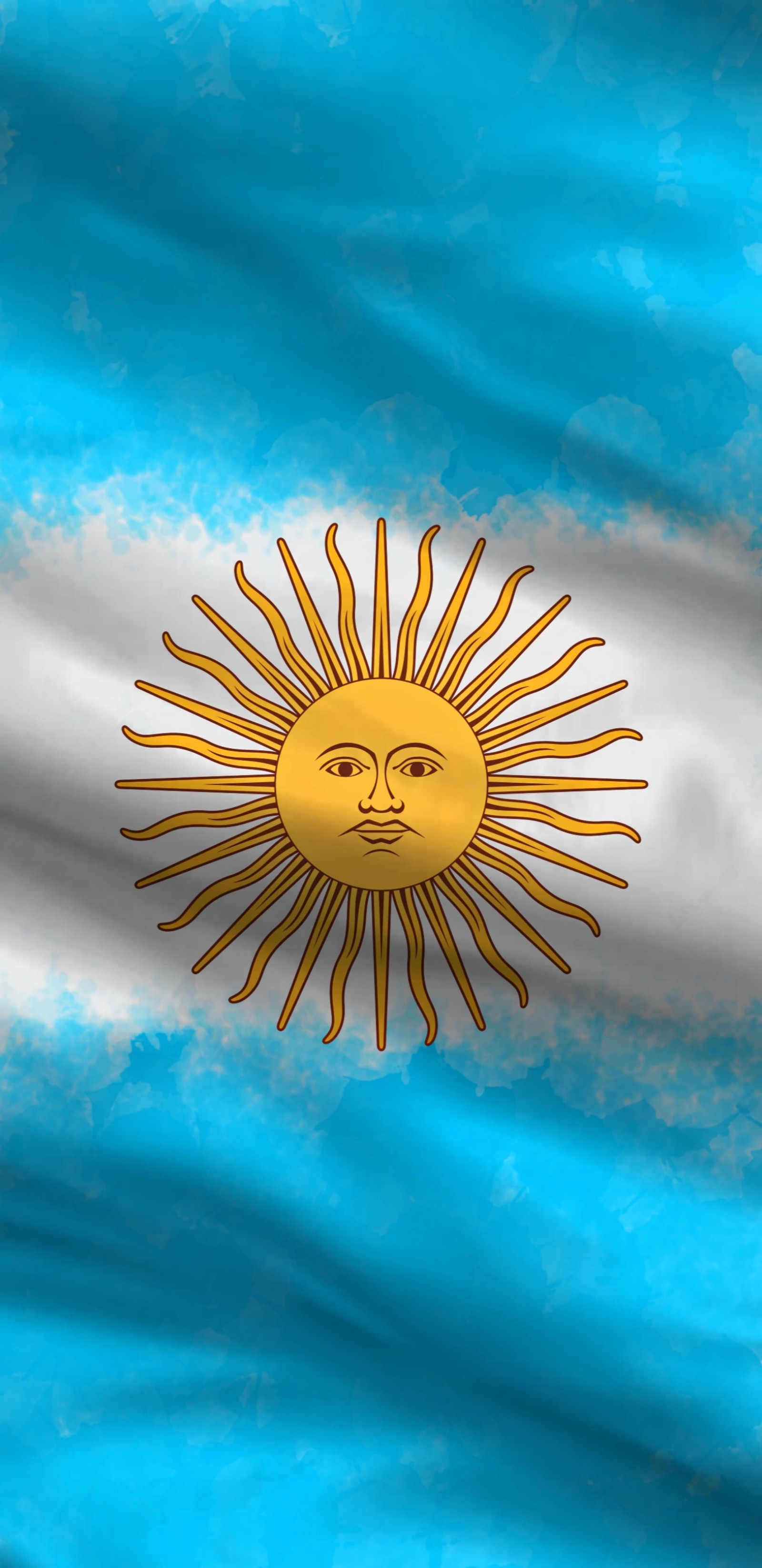 A close up of a flag with a sun on it (america, argentina, bandera, blanco, celeste)